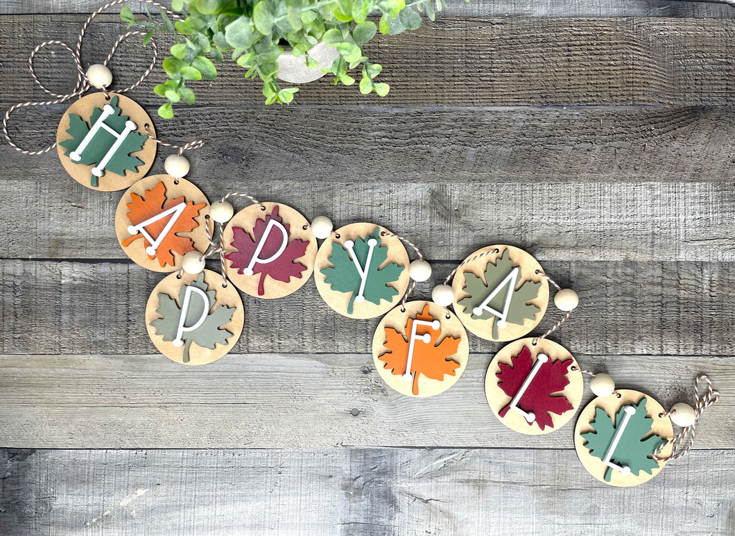 Happy Fall Birch Wood Banner – Hand Painted Autumn Garland with Beads & Twine