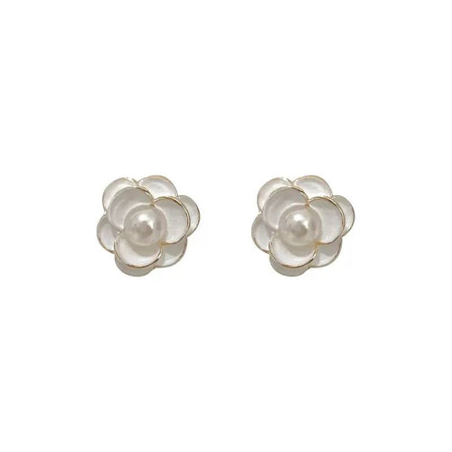 White Camellia Sterling Silver Gold Plated Enamel  Studs with Faux Pearls Pre-Order