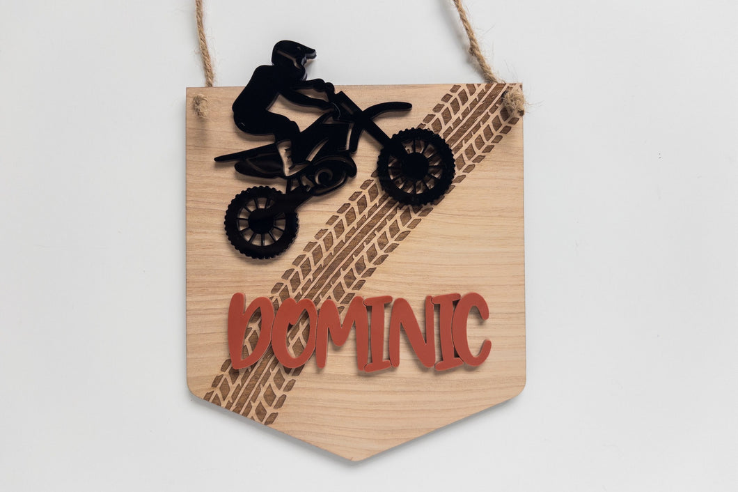 Personalized Dirt Bike Sign | Custom Name Motocross Wall Decor for Boys Room | Handmade Birch Wood Sign