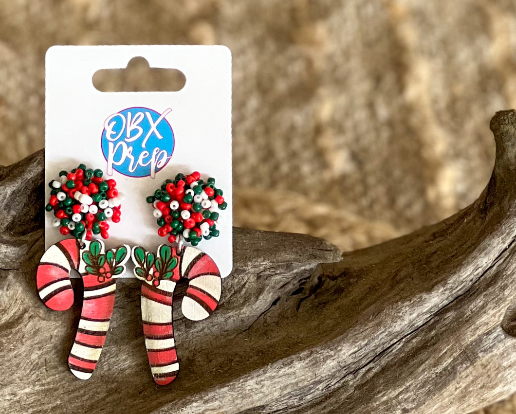 Hand-Painted Birch Candy Cane Earrings with Seed Beaded Studs