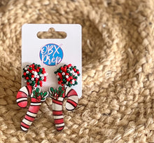 Hand-Painted Birch Candy Cane Earrings with Seed Beaded Studs