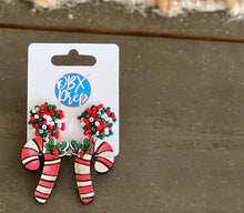 Hand-Painted Birch Candy Cane Earrings with Seed Beaded Studs