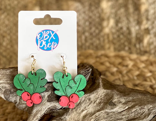 Hand-Painted Holly Berry Wood Earrings – Baltic Birch, Hook Closure