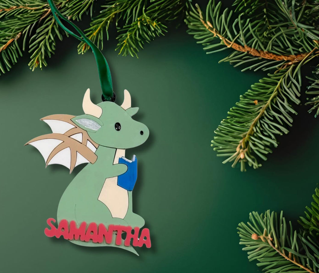 Personalized Dragon Ornament – Hand Painted Birch Wood Fantasy Gift for Kids, Readers & Book Lovers