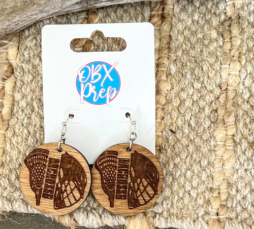 Handcrafted Lacrosse Earrings | Birch Wood Circle Engraved with Lax Stick & Helmet | OBX Handmade Jewelry