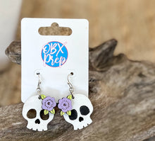 Hand Painted Skull Earrings with Purple Flowers | Birch Wood Halloween Earrings | Feminine Spooky Jewelry | OBX Handmade