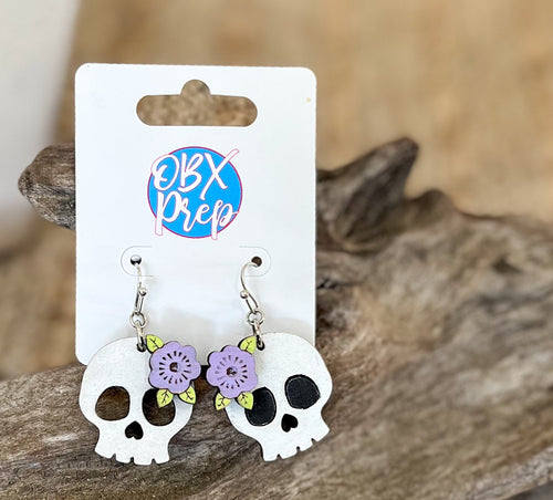 Hand Painted Skull Earrings with Purple Flowers | Birch Wood Halloween Earrings | Feminine Spooky Jewelry | OBX Handmade