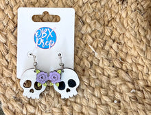 Hand Painted Skull Earrings with Purple Flowers | Birch Wood Halloween Earrings | Feminine Spooky Jewelry | OBX Handmade