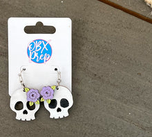 Hand Painted Skull Earrings with Purple Flowers | Birch Wood Halloween Earrings | Feminine Spooky Jewelry | OBX Handmade