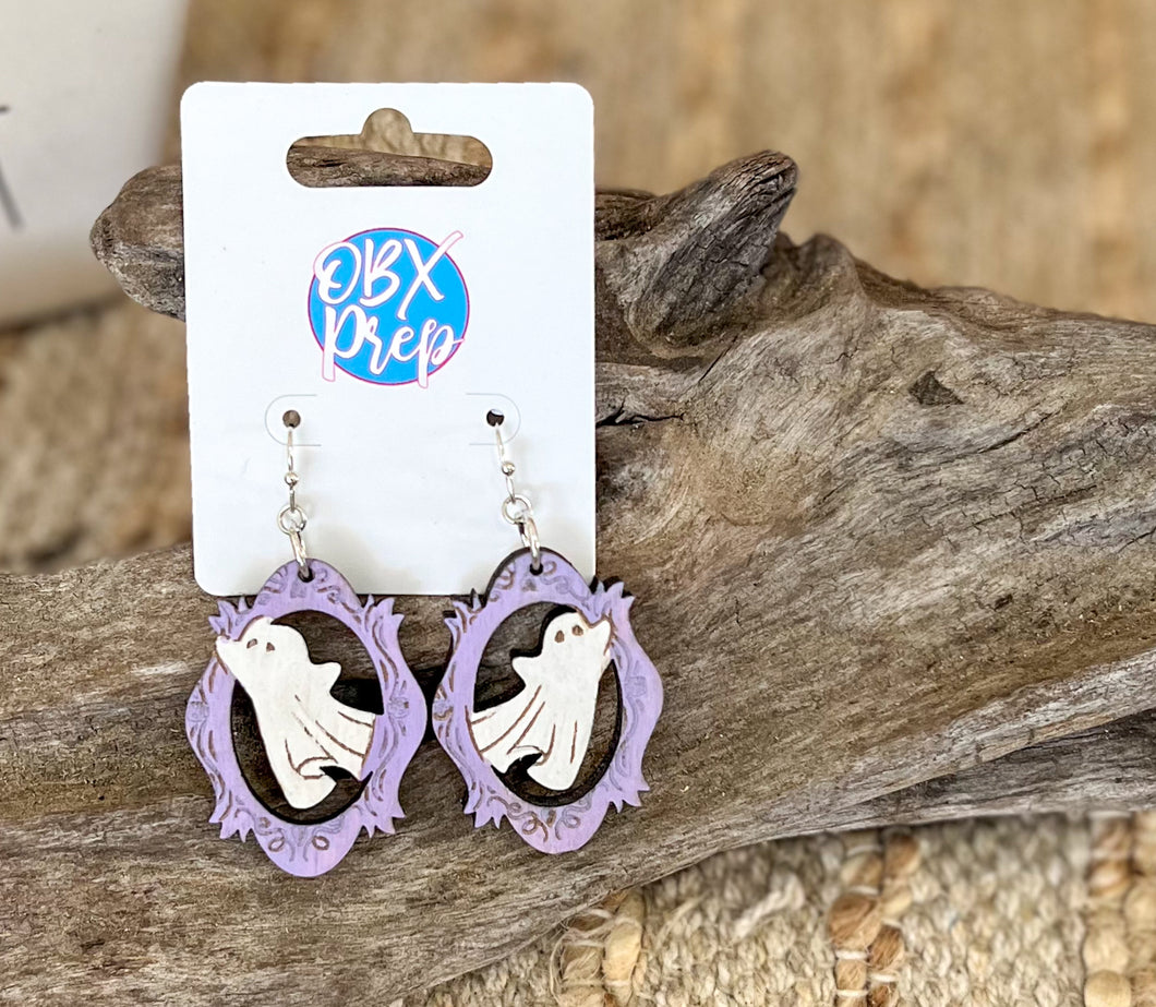 Hand Painted Ghost Earrings in Purple Ornate Frame | Halloween Wood Earrings | OBX Handmade Spooky Jewelry