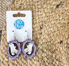 Hand Painted Ghost Earrings in Purple Ornate Frame | Halloween Wood Earrings | OBX Handmade Spooky Jewelry