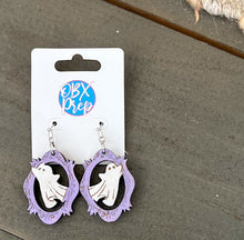 Hand Painted Ghost Earrings in Purple Ornate Frame | Halloween Wood Earrings | OBX Handmade Spooky Jewelry