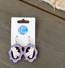 Hand Painted Ghost Earrings in Purple Ornate Frame | Halloween Wood Earrings | OBX Handmade Spooky Jewelry