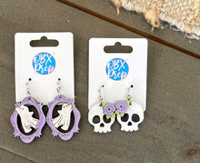 Hand Painted Skull Earrings with Purple Flowers | Birch Wood Halloween Earrings | Feminine Spooky Jewelry | OBX Handmade