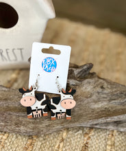 Hand Painted Cow Earrings with Dangling Udder | OBX Handmade Farm Animal Jewelry | Birch Wood Earrings