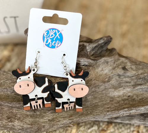 Hand Painted Cow Earrings with Dangling Udder | OBX Handmade Farm Animal Jewelry | Birch Wood Earrings