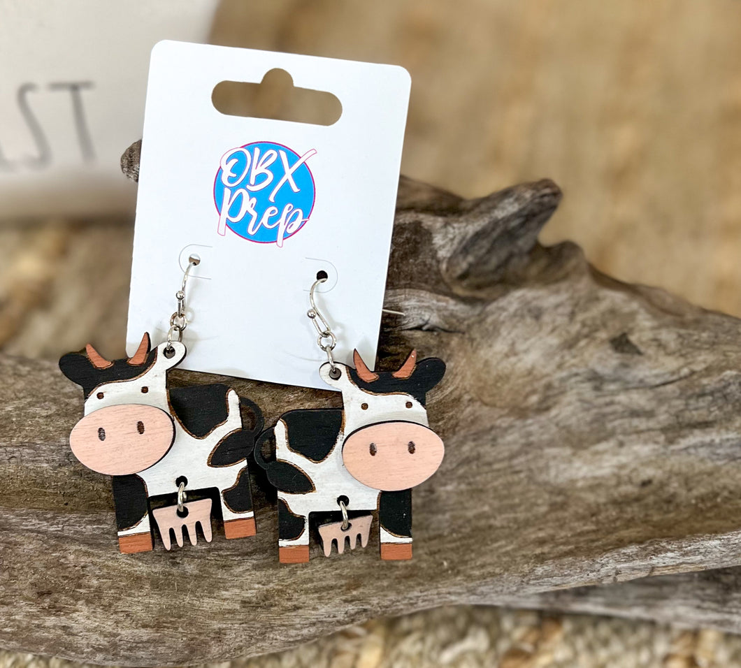 Hand Painted Cow Earrings with Dangling Udder | OBX Handmade Farm Animal Jewelry | Birch Wood Earrings
