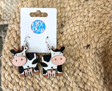 Hand Painted Cow Earrings with Dangling Udder | OBX Handmade Farm Animal Jewelry | Birch Wood Earrings