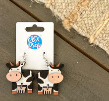 Hand Painted Cow Earrings with Dangling Udder | OBX Handmade Farm Animal Jewelry | Birch Wood Earrings