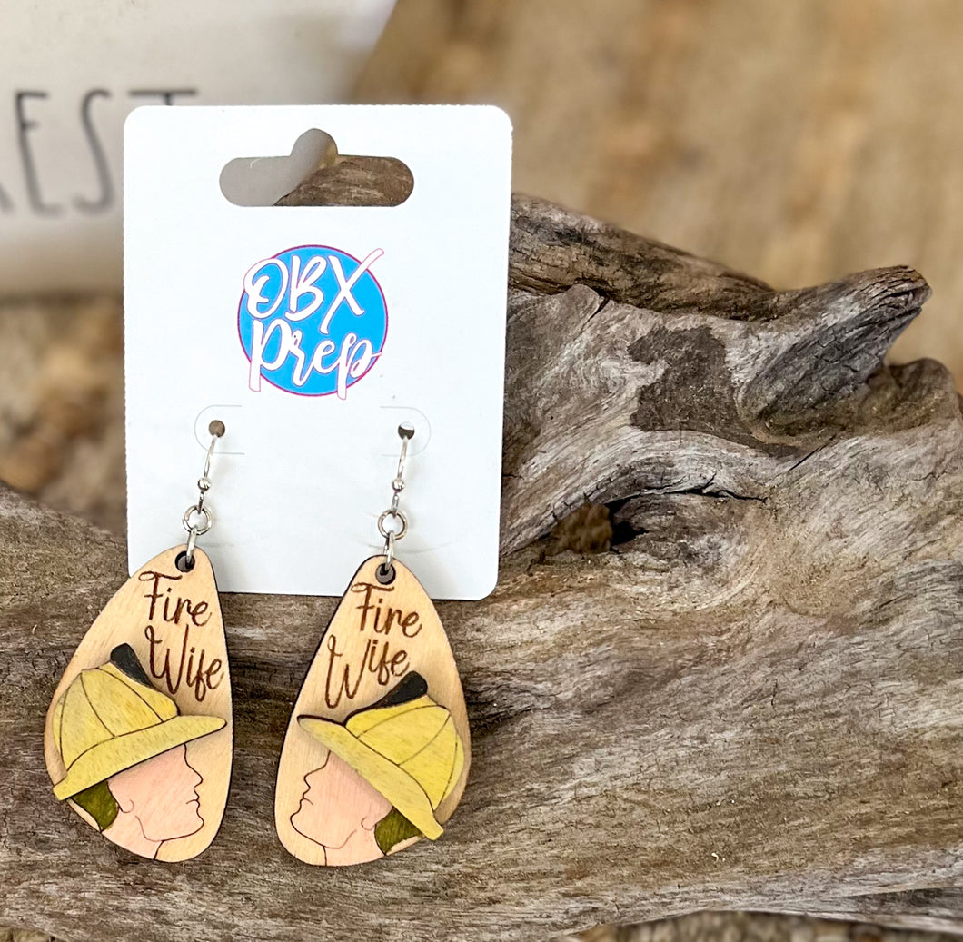 Fire Wife Earrings – Hand-Painted Birch Firefighter Jewelry, OBX Handmade Gift for Her, Hook Closure, Lead & Nickel Compliant