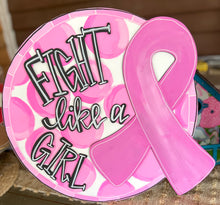 Hand Painted “Fight Like a Girl” Breast Cancer Awareness Sign – Pink Ribbon Round Door Hanger