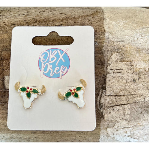 Christmas Enamel Stud Earrings - Christmas Bull Skull, Christmas Cactus, Christmas Cross - OBX Prep
