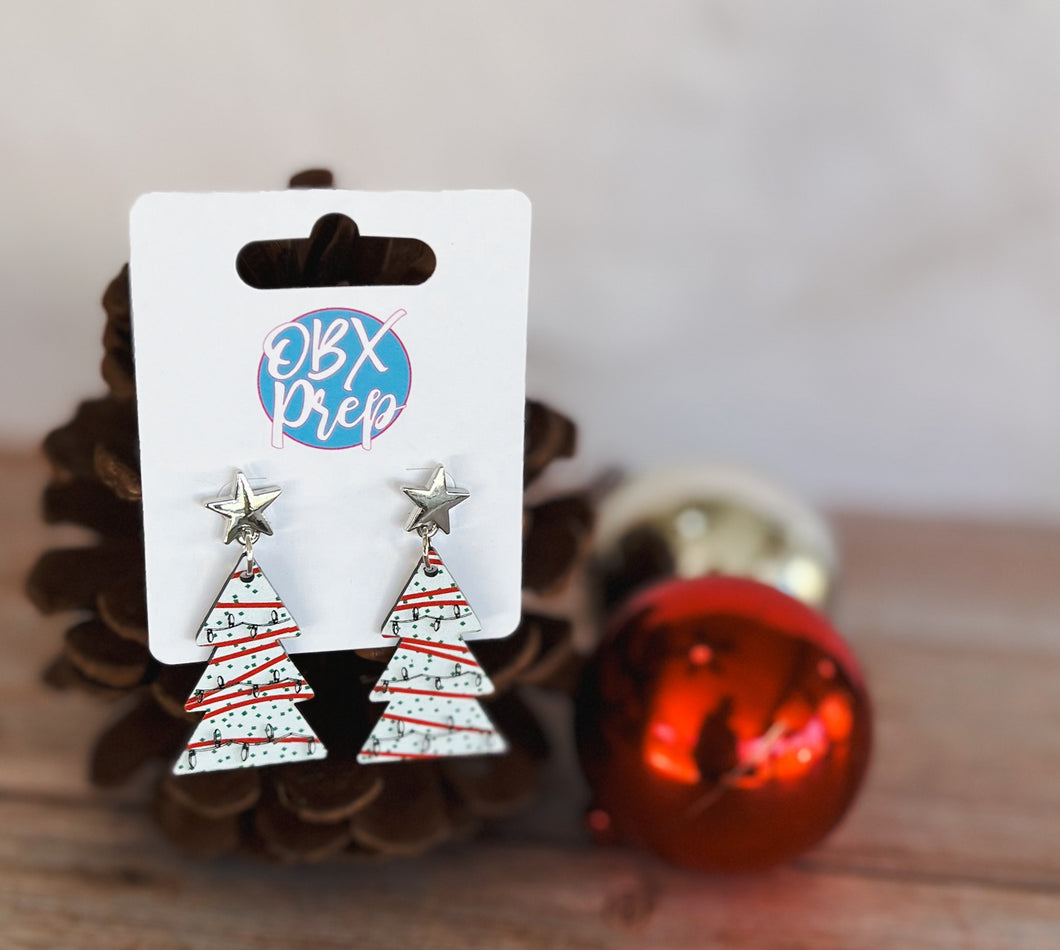 Christmas Tree Cake Silver Star Stud Topper Dangle Earrings