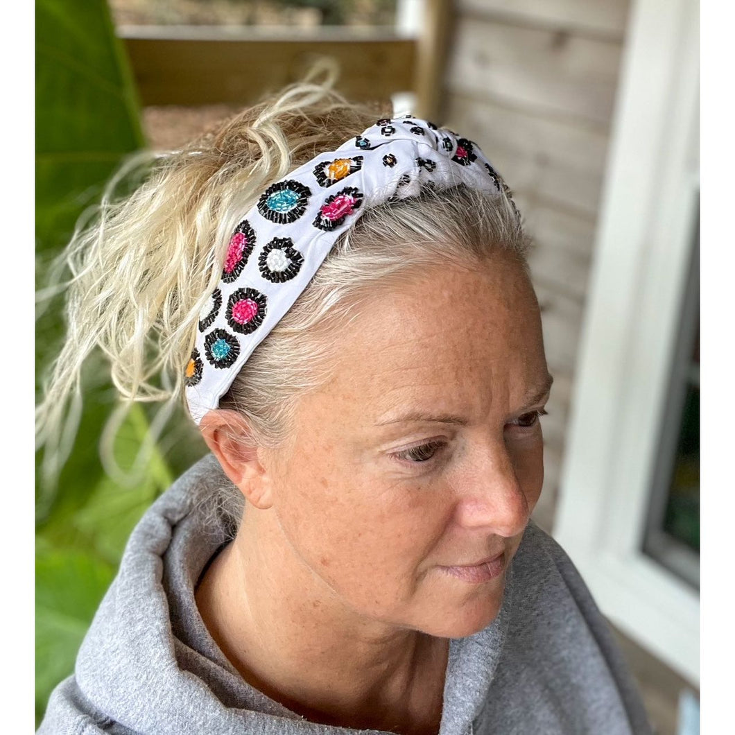 Bright Leopard Top Knot Seed Beaded Headband WS Doorbuster