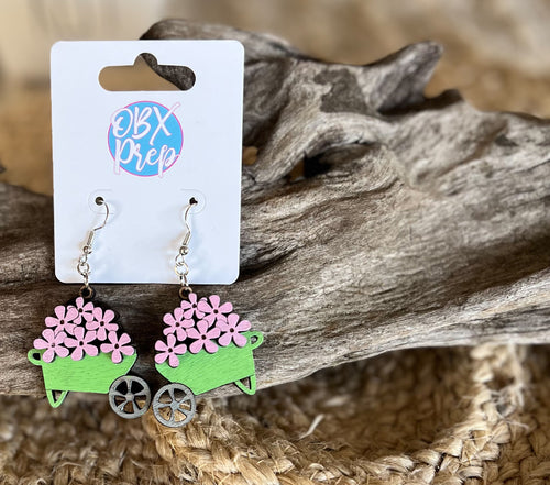 Vintage Wheelbarrow & Flowers Hand-Painted Birch Earrings – A Whimsical Touch of Spring