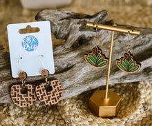Mocha Geometric Hoop Dangle Earrings – Hand Painted & Engraved