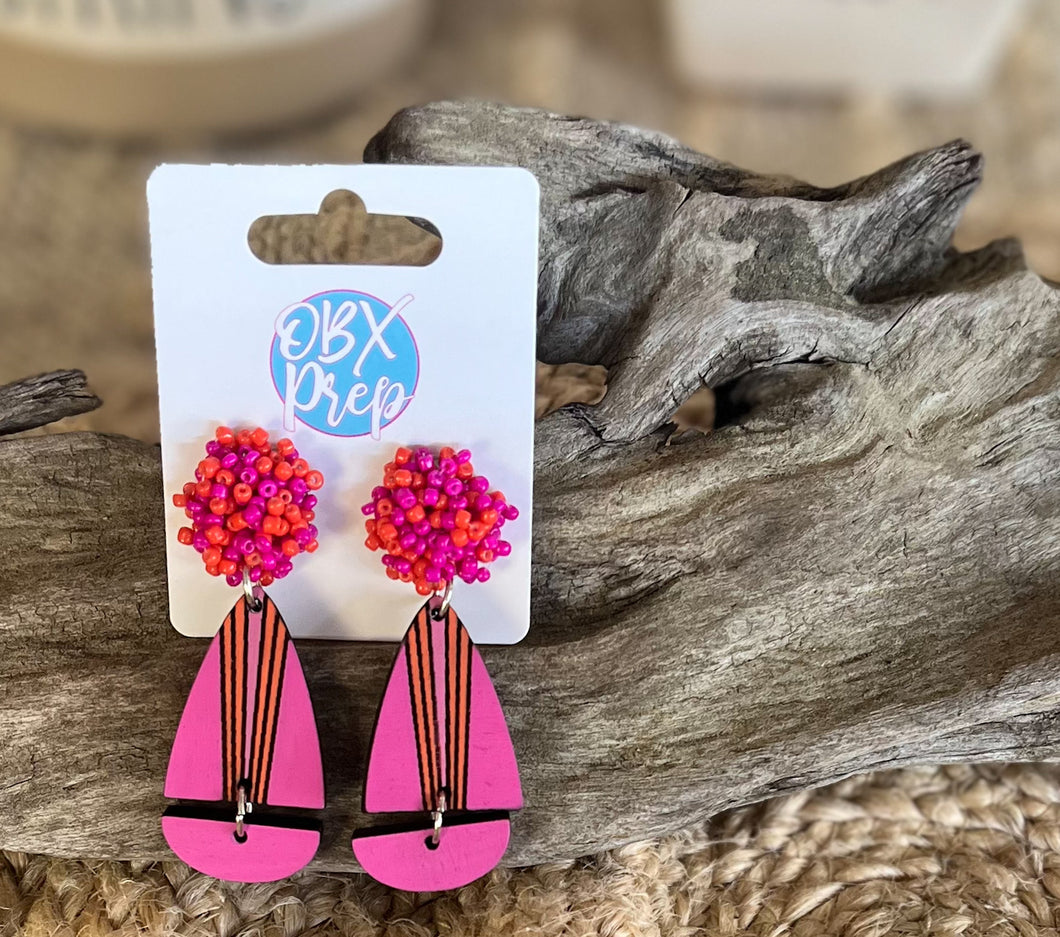 Bright Pink & Orange Wooden Teardrop Earrings – Handmade Summer Dangle Earrings with Seed Bead Tops – OBX Preppy Style, Lightweight & Bold