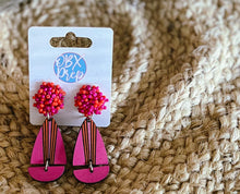Bright Pink & Orange Wooden Teardrop Earrings – Handmade Summer Dangle Earrings with Seed Bead Tops – OBX Preppy Style, Lightweight & Bold