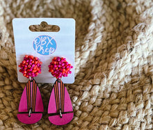 Bright Pink & Orange Wooden Teardrop Earrings – Handmade Summer Dangle Earrings with Seed Bead Tops – OBX Preppy Style, Lightweight & Bold