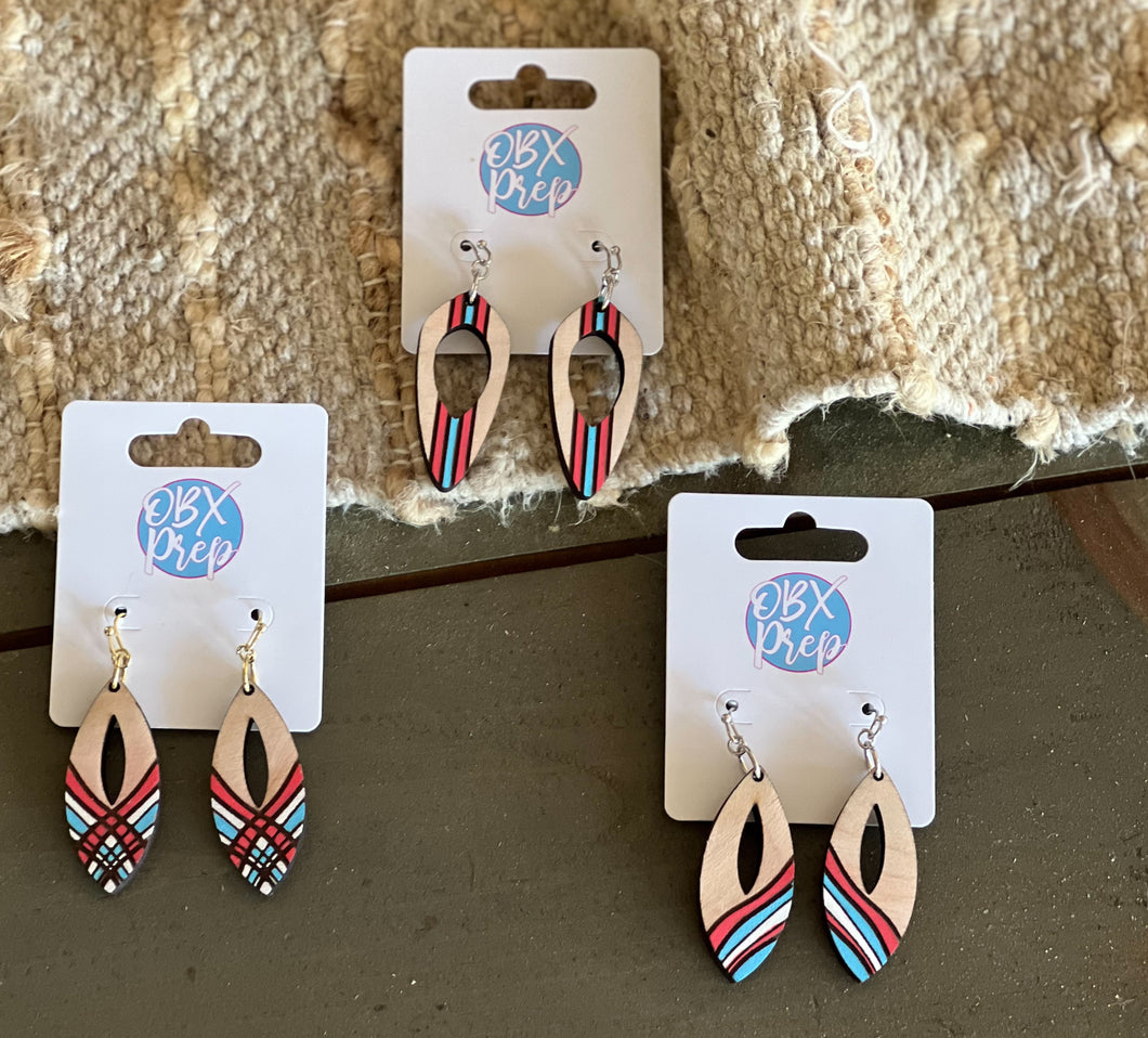 Hand Painted Patriotic Red, White & Blue Wood Earrings – Made in OBX