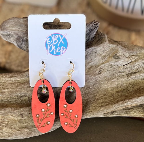 Summery Coral Floral Oval Birch Wood Earrings – Hand Painted in OBX