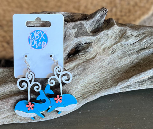 Whale of a Time Birch Wood Earrings – Hand Painted in the Outer Banks 🐳🌊🌸