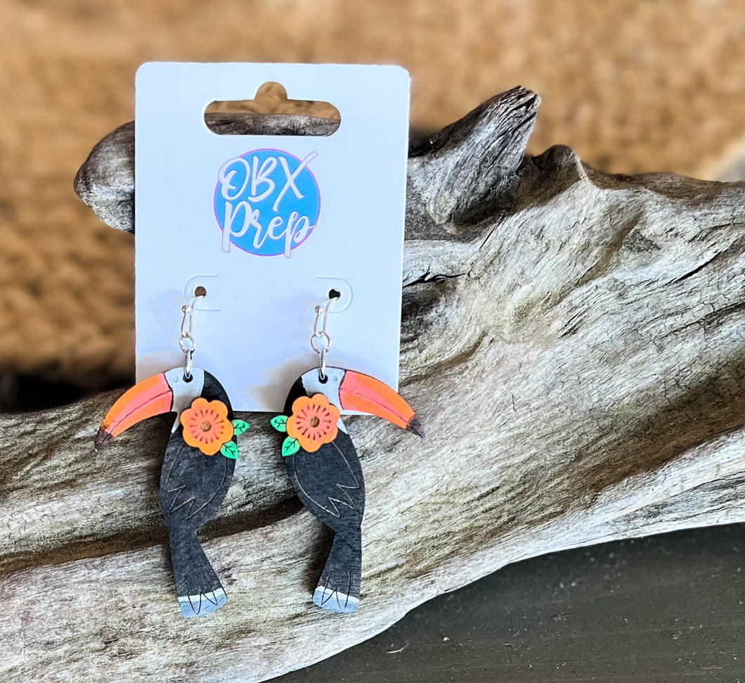 Tropical Toucan Hand-Painted Birch Wood Earrings – OBX Prep Exclusive