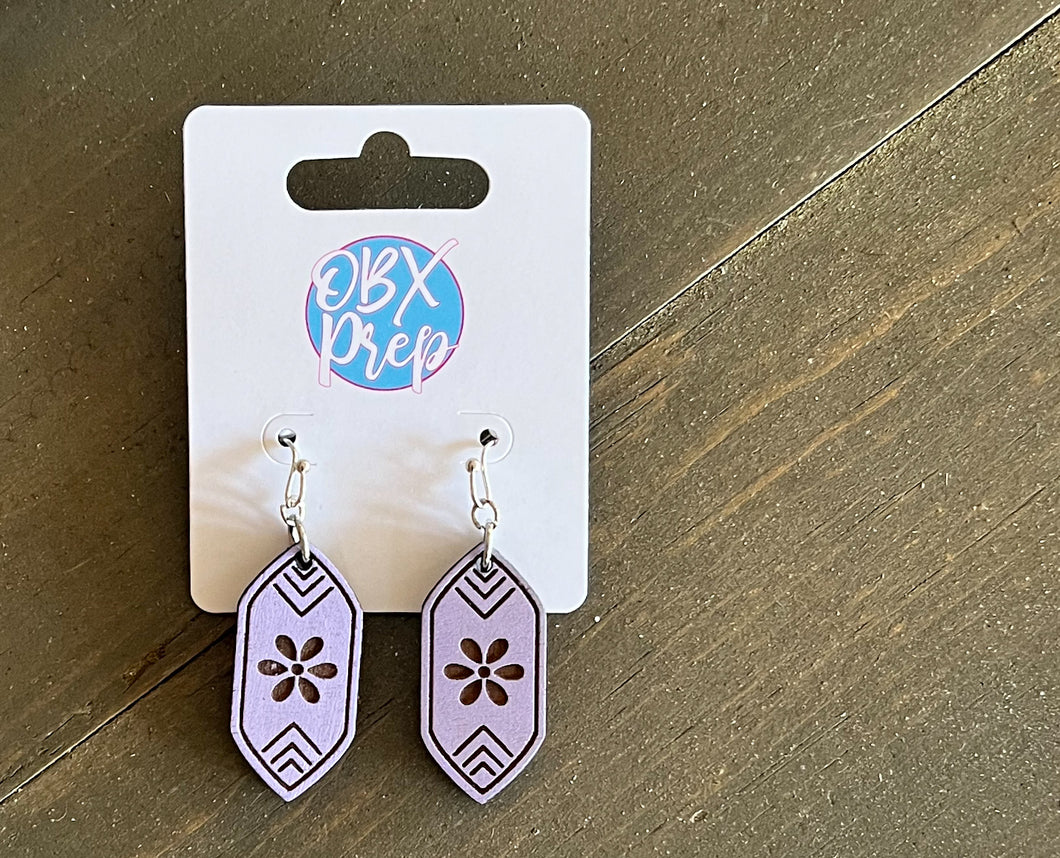 Lavender Crystal Engraved Floral Birch Wood Earrings – Handmade in OBX