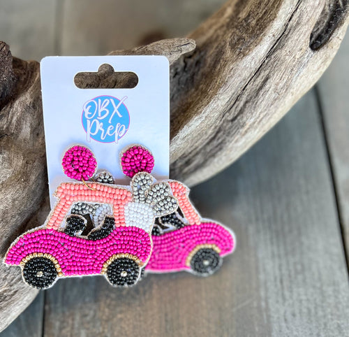 Hot Pink Golf Cart Seed Bead Drop Earrings
