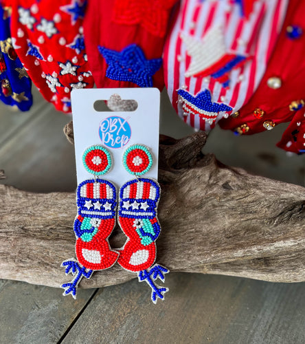 Patriotic Flamingos Seed Beaded Dangle Earrings