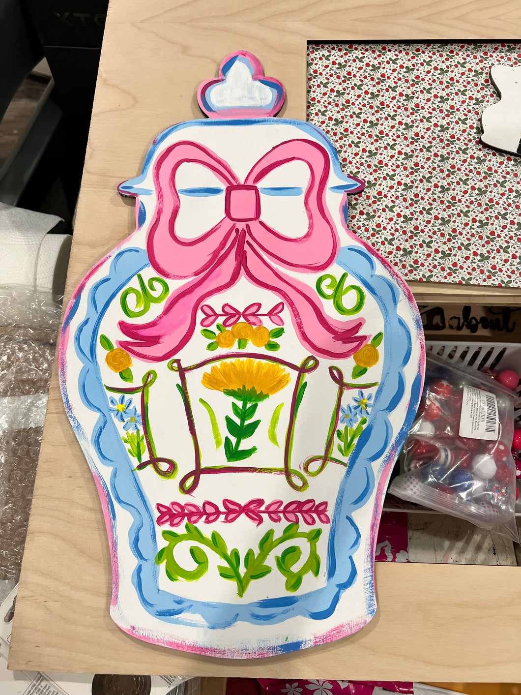 Chinoiserie Floral Ginger Jar Door Hanger – Hand Painted Coastal Decor