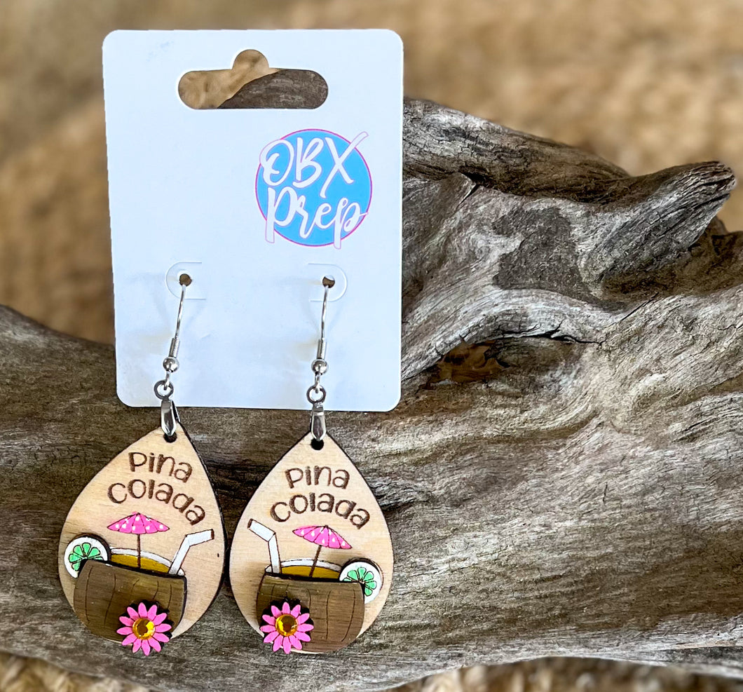 Pina Colada Hand Painted Birch Dangle Earrings – Tropical 3D Coastal Vibes with Rhinestone Accent