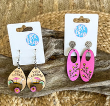 Hand-Painted Birch Hoop Earrings with Delicate Floral Engraving – Hot Pink & Yellow Floral Dangles