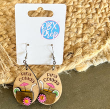 Pina Colada Hand Painted Birch Dangle Earrings – Tropical 3D Coastal Vibes with Rhinestone Accent