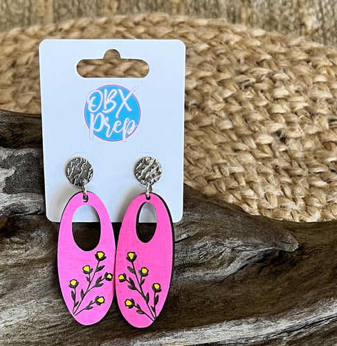 Hand-Painted Birch Hoop Earrings with Delicate Floral Engraving – Hot Pink & Yellow Floral Dangles
