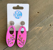 Hand-Painted Birch Hoop Earrings with Delicate Floral Engraving – Hot Pink & Yellow Floral Dangles