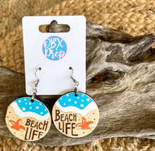 Hand Painted Beach Life Round Earrings – Engraved Birch Wood Coastal Dangles Made in OBX