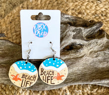 Hand Painted Beach Life Round Earrings – Engraved Birch Wood Coastal Dangles Made in OBX