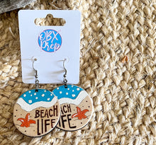 Hand Painted Beach Life Round Earrings – Engraved Birch Wood Coastal Dangles Made in OBX