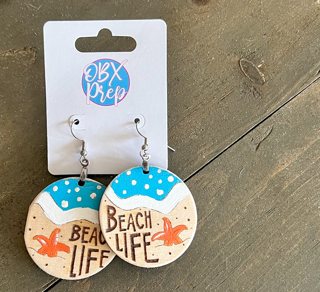 Hand Painted Beach Life Round Earrings – Engraved Birch Wood Coastal Dangles Made in OBX